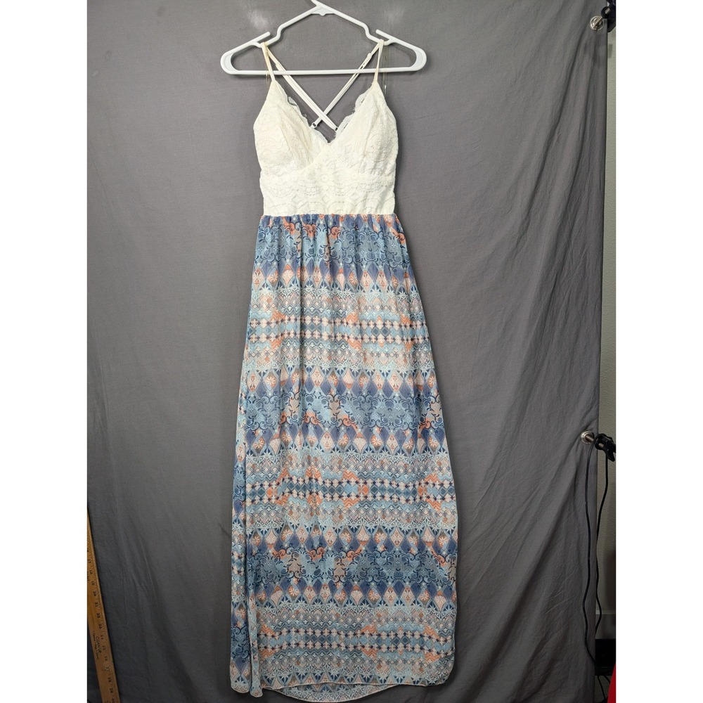 Trixxi Girl Blue Orange Geometric Lace Bodice Maxi Dress 26N548LX3I Small